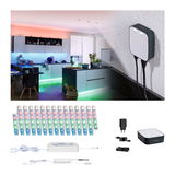 LED-strip set met controller en voeding in wit en zwart voor slimme keukenverlichting.