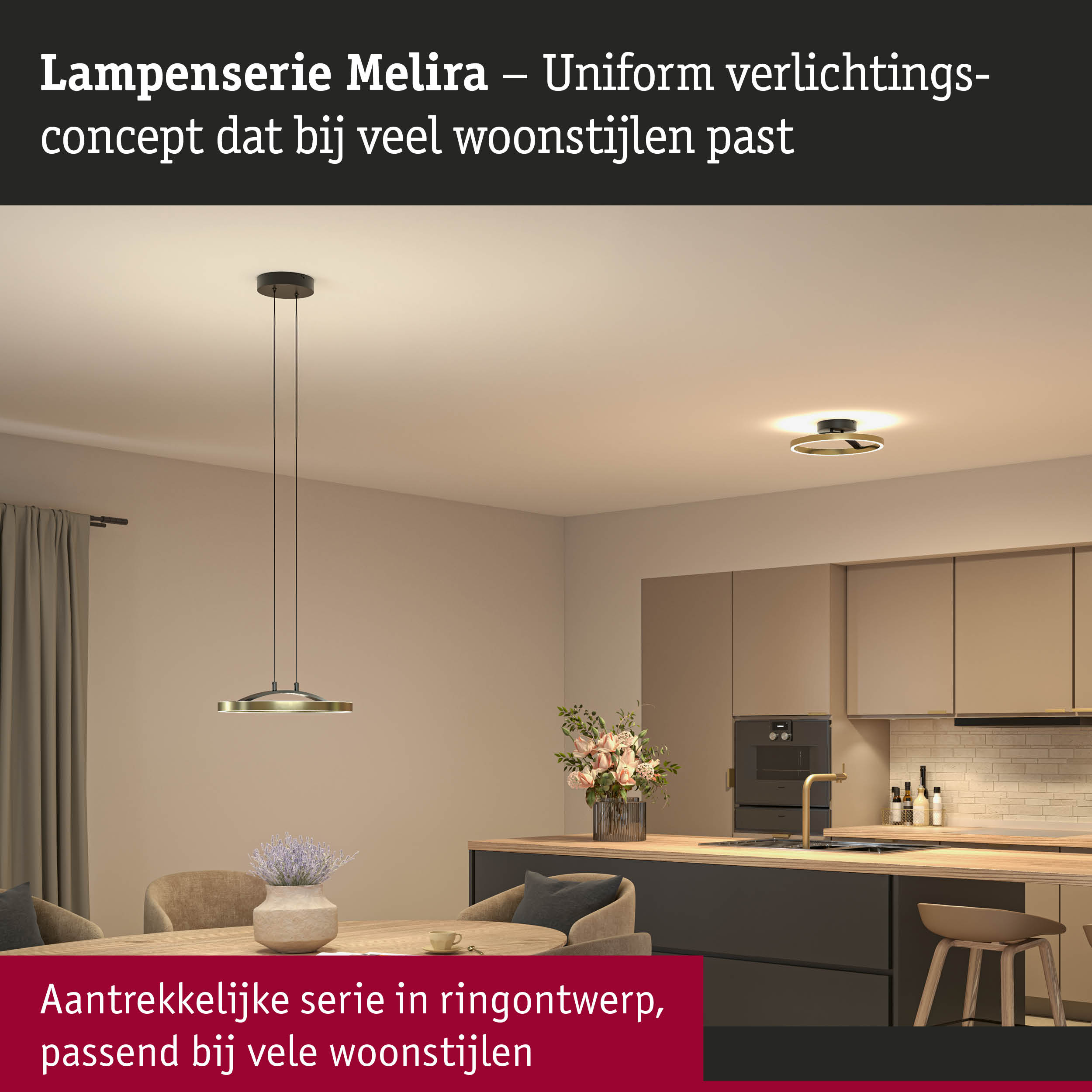 Moderne Melira lampenserie in zwart en goud met ringontwerp passend bij diverse woonstijlen