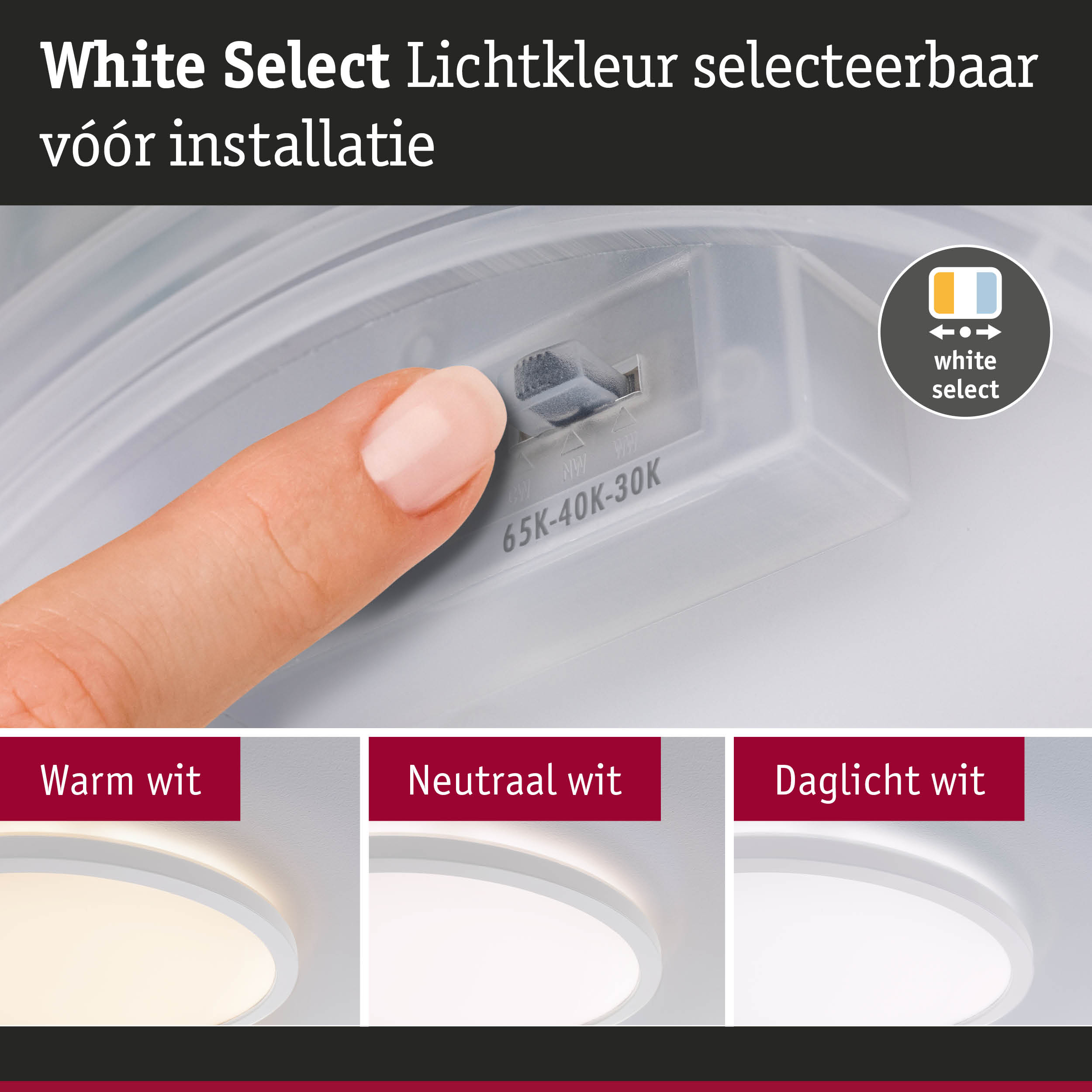 Vinger stelt witte LED-lamp in met selecteerbare lichtkleur warm wit, neutraal wit en daglicht wit
