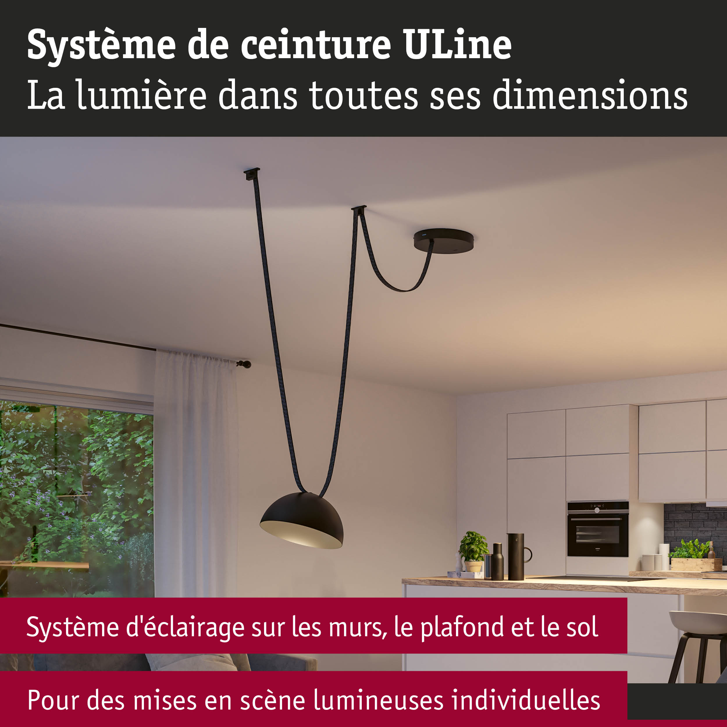 Suspension noire avec câble en tissu dans cuisine moderne pour solutions d'éclairage personnalisées