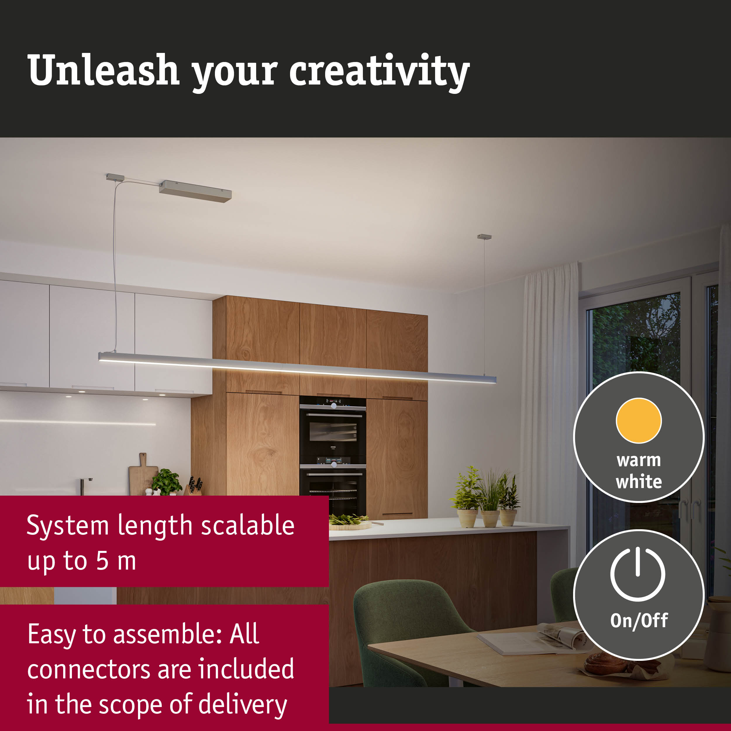 Modern silver aluminium pendant LED light with warm white illumination for kitchen lighting
