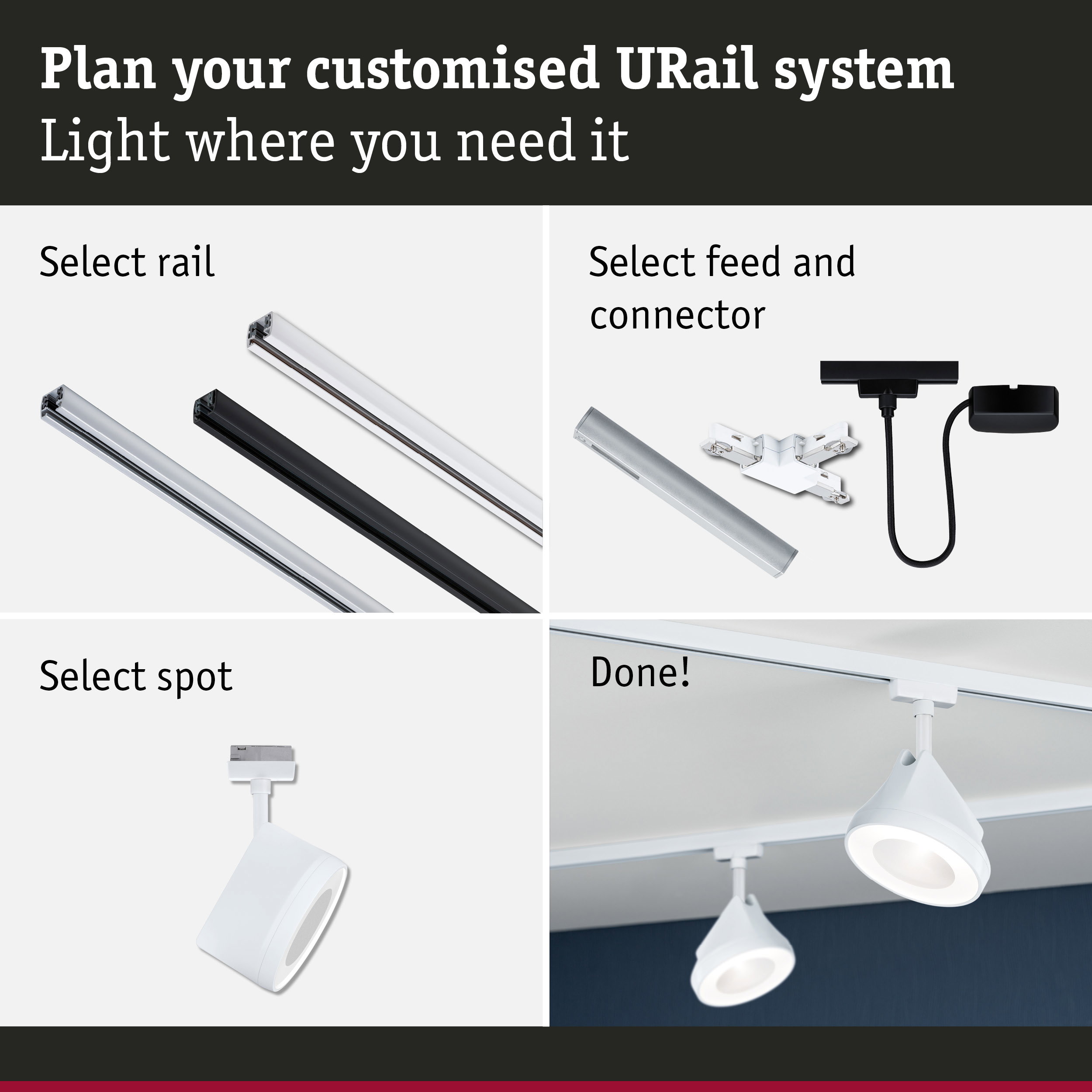Modular URail track system with white and black rails and LED spotlights for customizable lighting