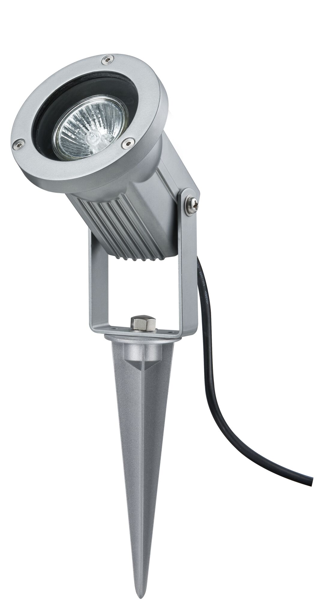 Zilveren metalen grondspies spot met verstelbare kop en zwarte kabel voor buitenverlichting