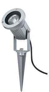 Silver metal spike spotlight with adjustable head and black cable for outdoor lighting