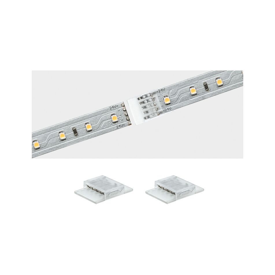 LED-strip med gennemsigtig connector til fleksible belysningsløsninger i hvidt lys.