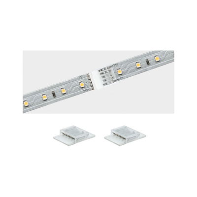 LED-strip med gennemsigtig connector til fleksible belysningsløsninger i hvidt lys.