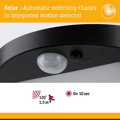 Black solar motion detector with 120° detection angle and 1.5 m range for automatic light switching