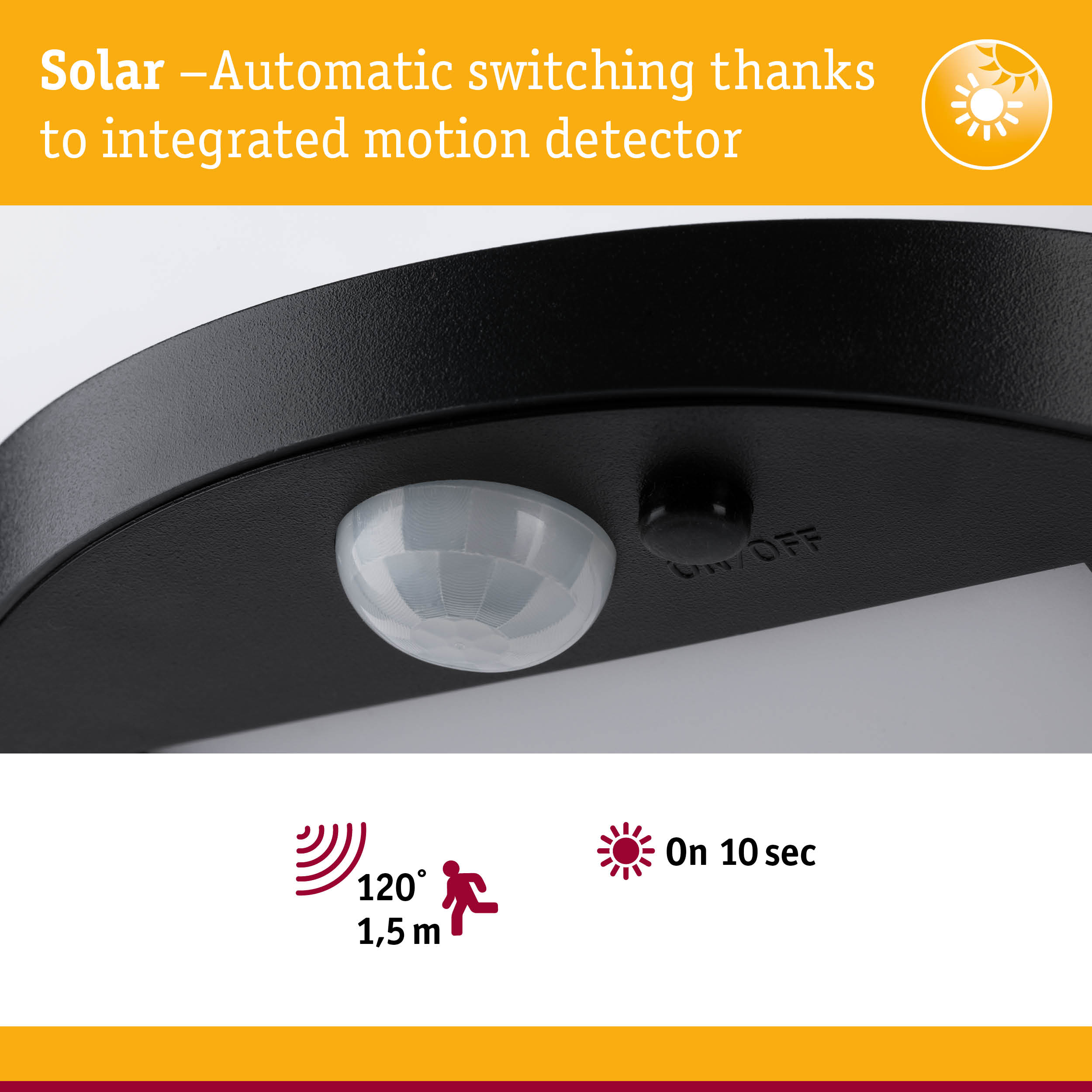 Black motion detector with integrated solar sensor and automatic switching for energy-saving lighting