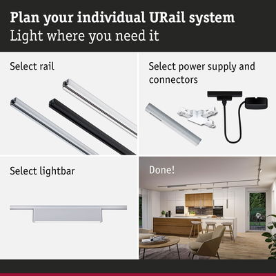 Plan your URail system with rails, power supply, connectors, and lightbar for customizable home lighting
