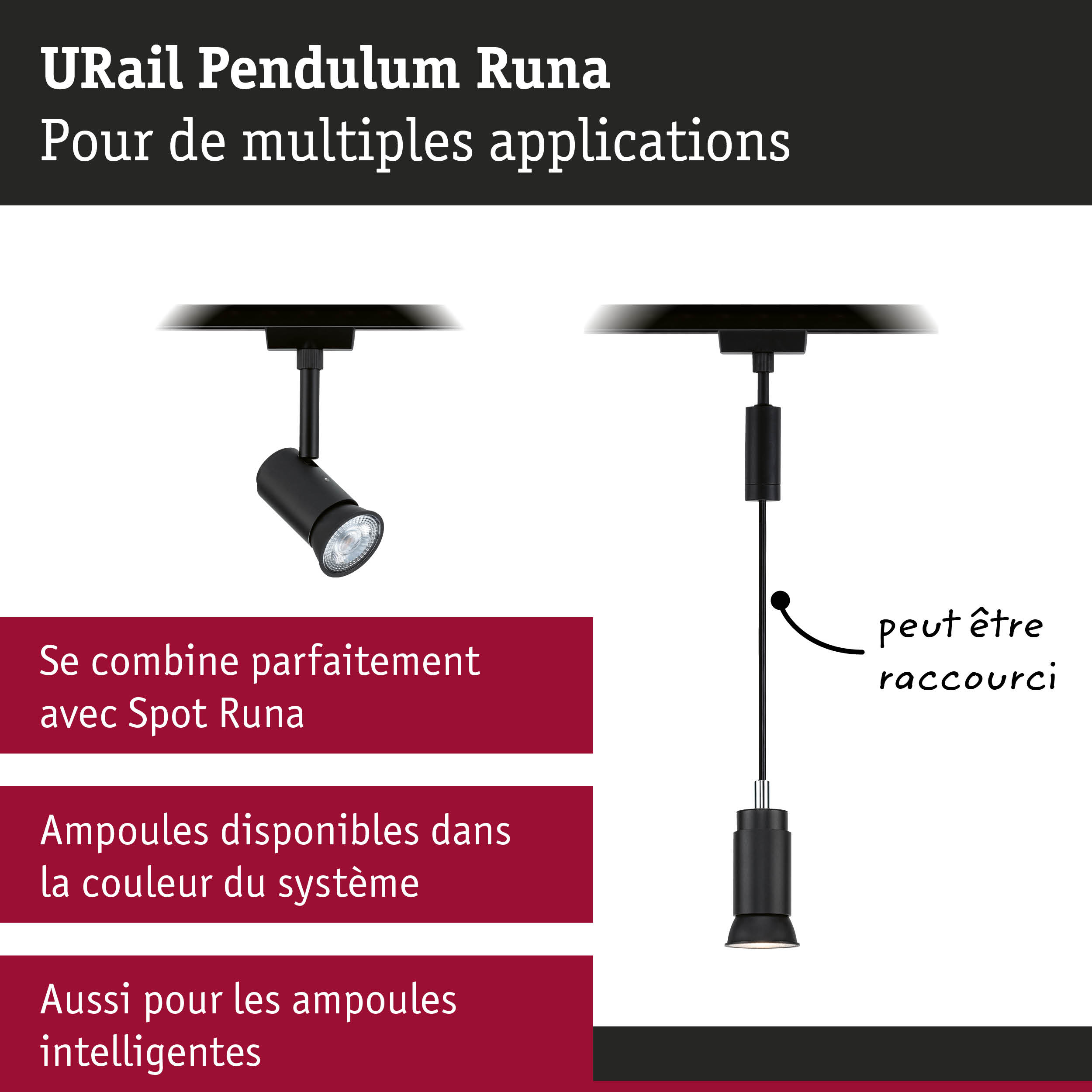 Luminaire URail Pendulum Runa noir avec spot réglable pour applications d'éclairage variées