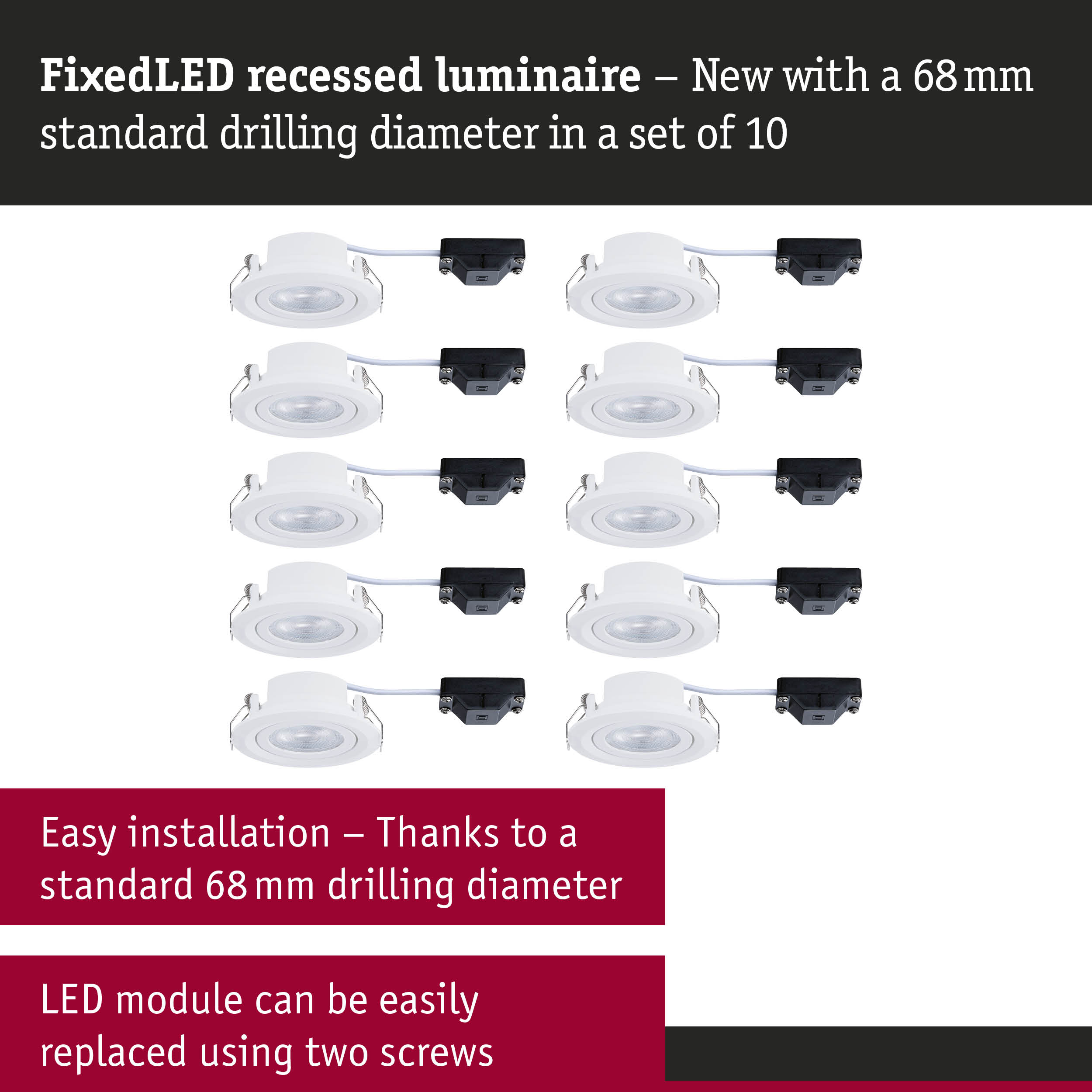 White FixedLED recessed spotlight with 68 mm drilling diameter, LED module easily replaceable with screws