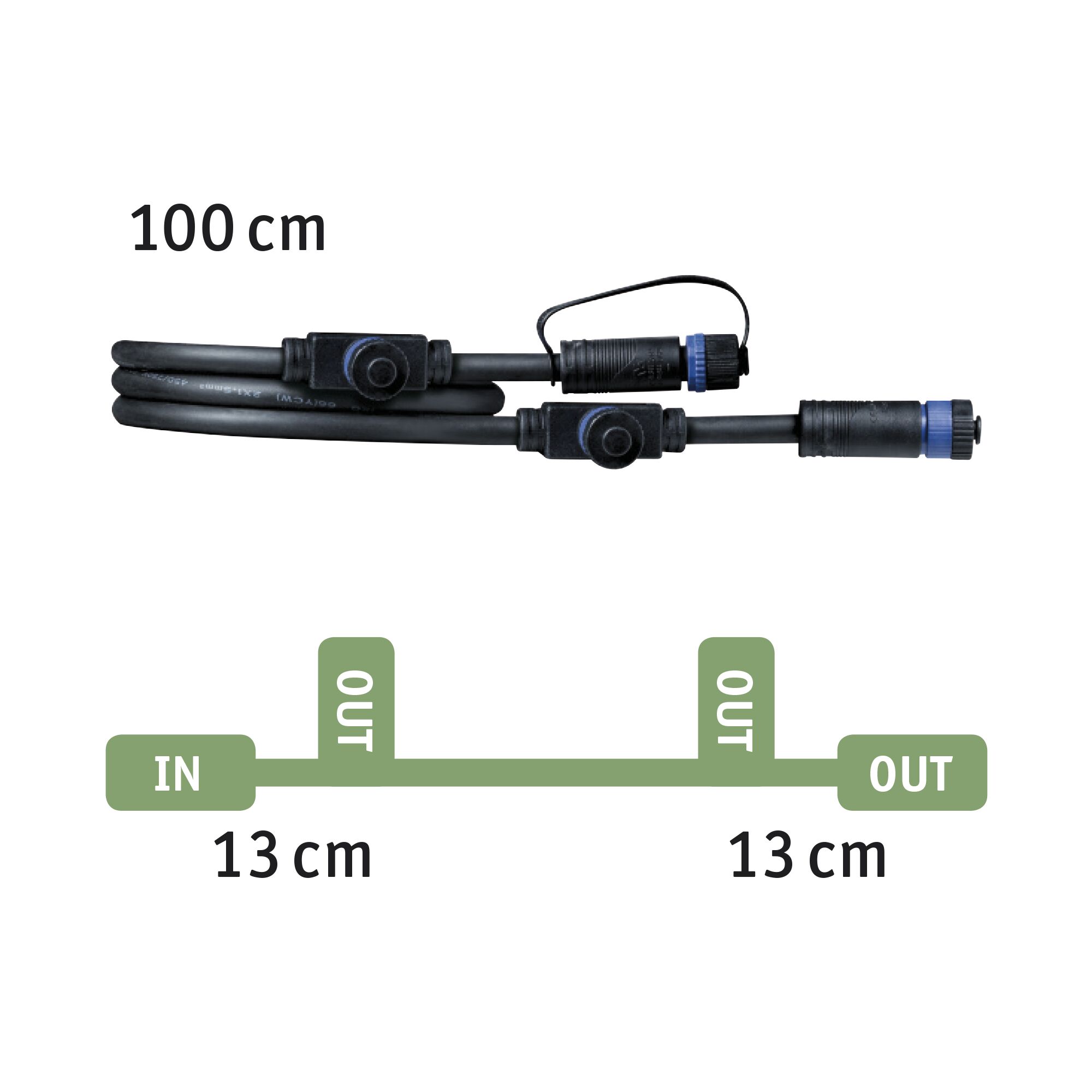 Zwarte verbindingskabel van 100 cm met stekkers en 13 cm aftakkingen voor LED-verlichtingssystemen