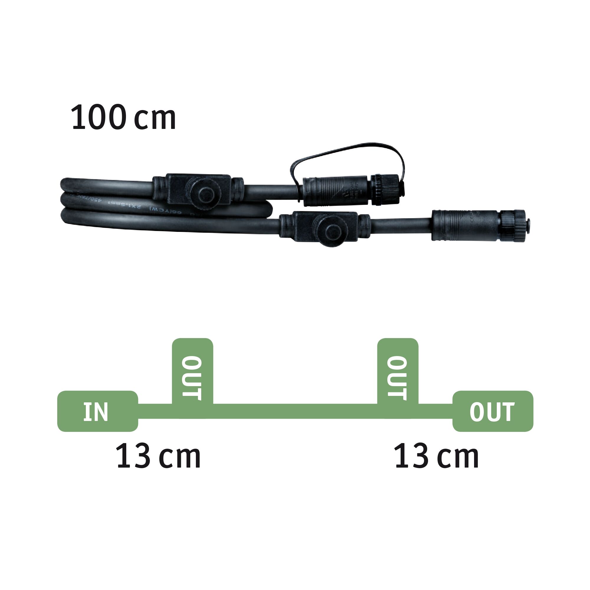 Sort 100 cm forbindelseskabel med vandtætte stik og 13 cm grene til LED-belysning