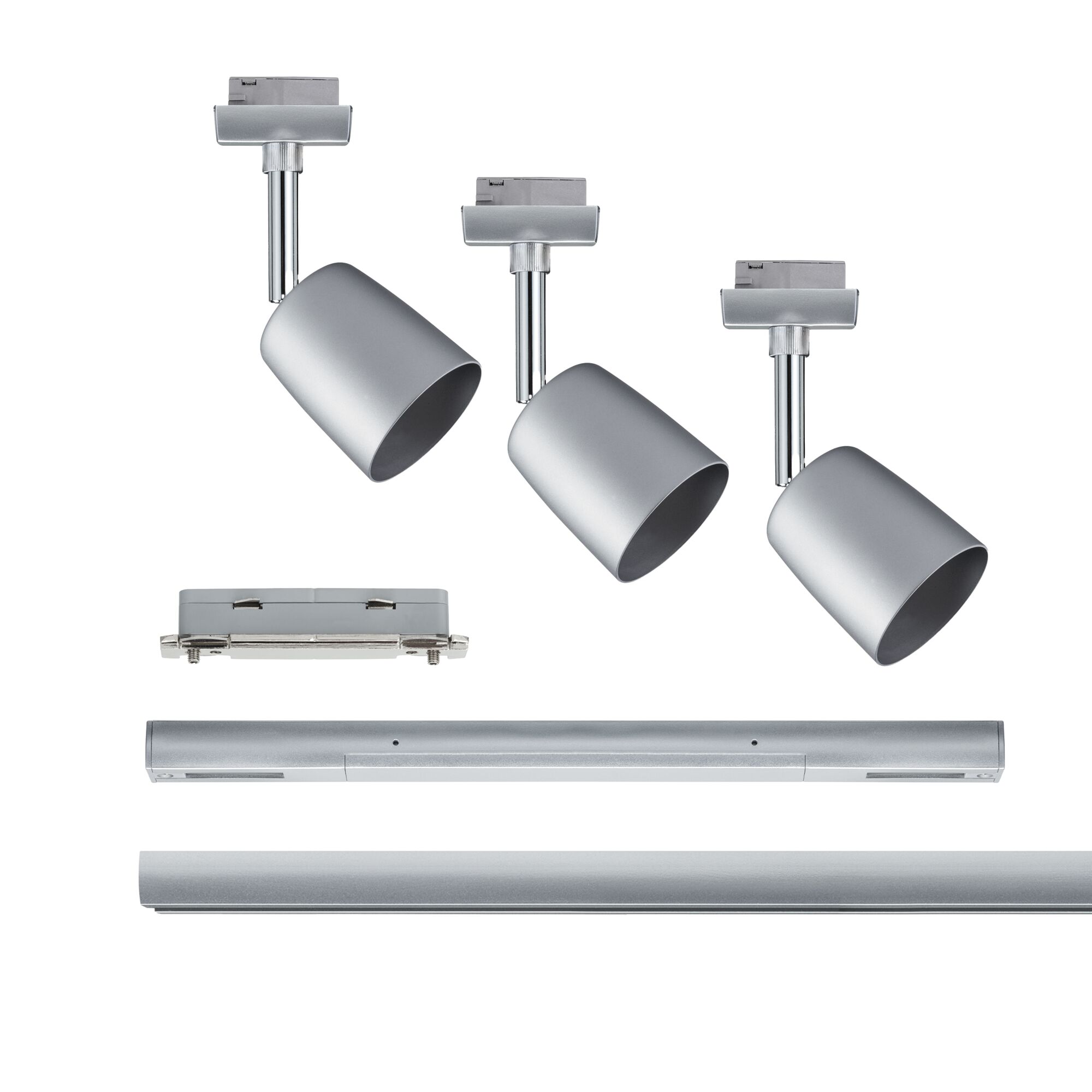 Tre sølvfarvede LED-spotlights med skinneadapter og to metalskinneprofiler til fleksibel belysning