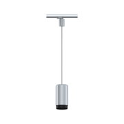 Modern silver metal LED spotlight with black reflector on track system for indoor lighting