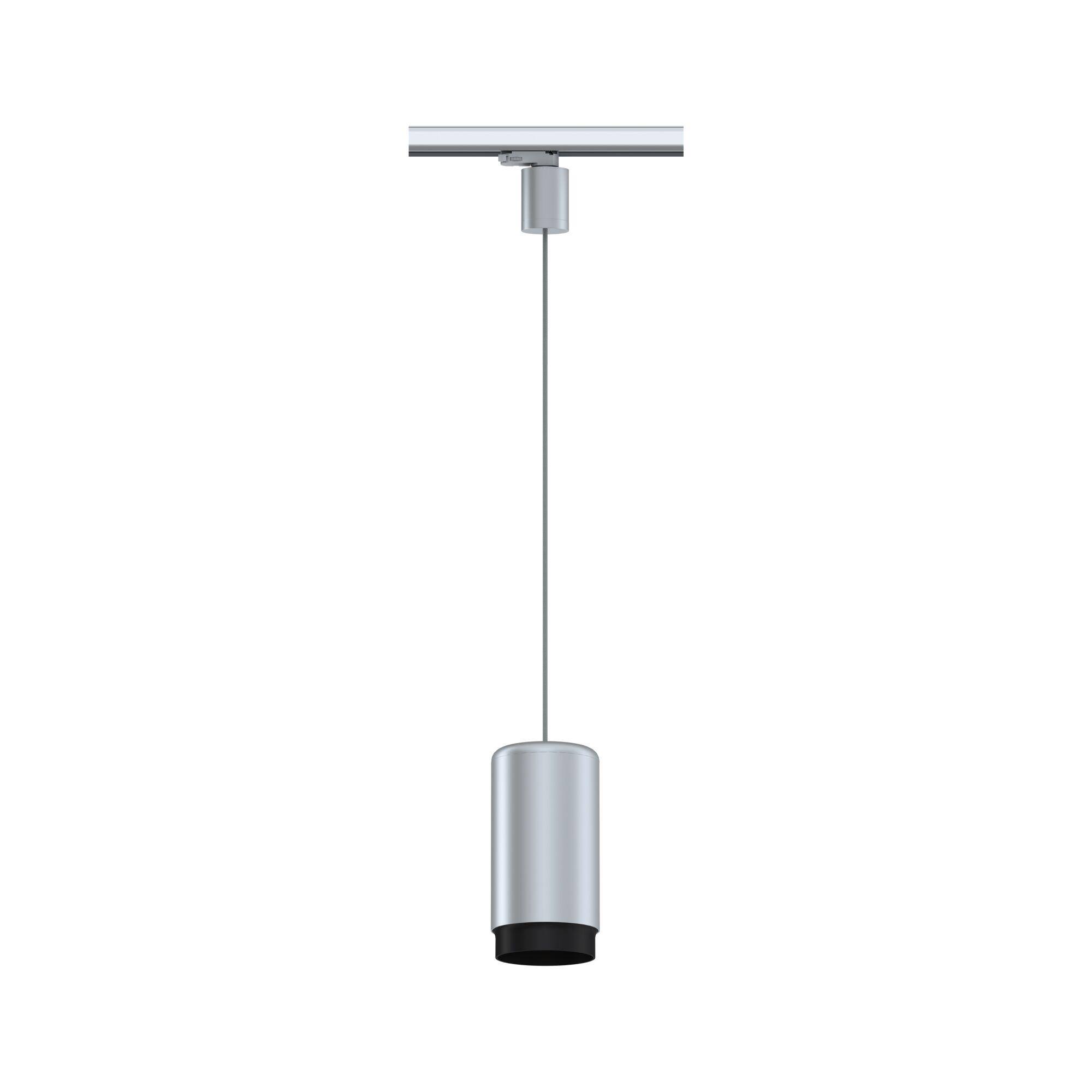Modern silver metal LED spotlight with black reflector on track system for indoor lighting