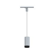 Moderner silberner LED-Spot aus Metall mit schwarzem Reflektor an Schienensystem für Innenbeleuchtung