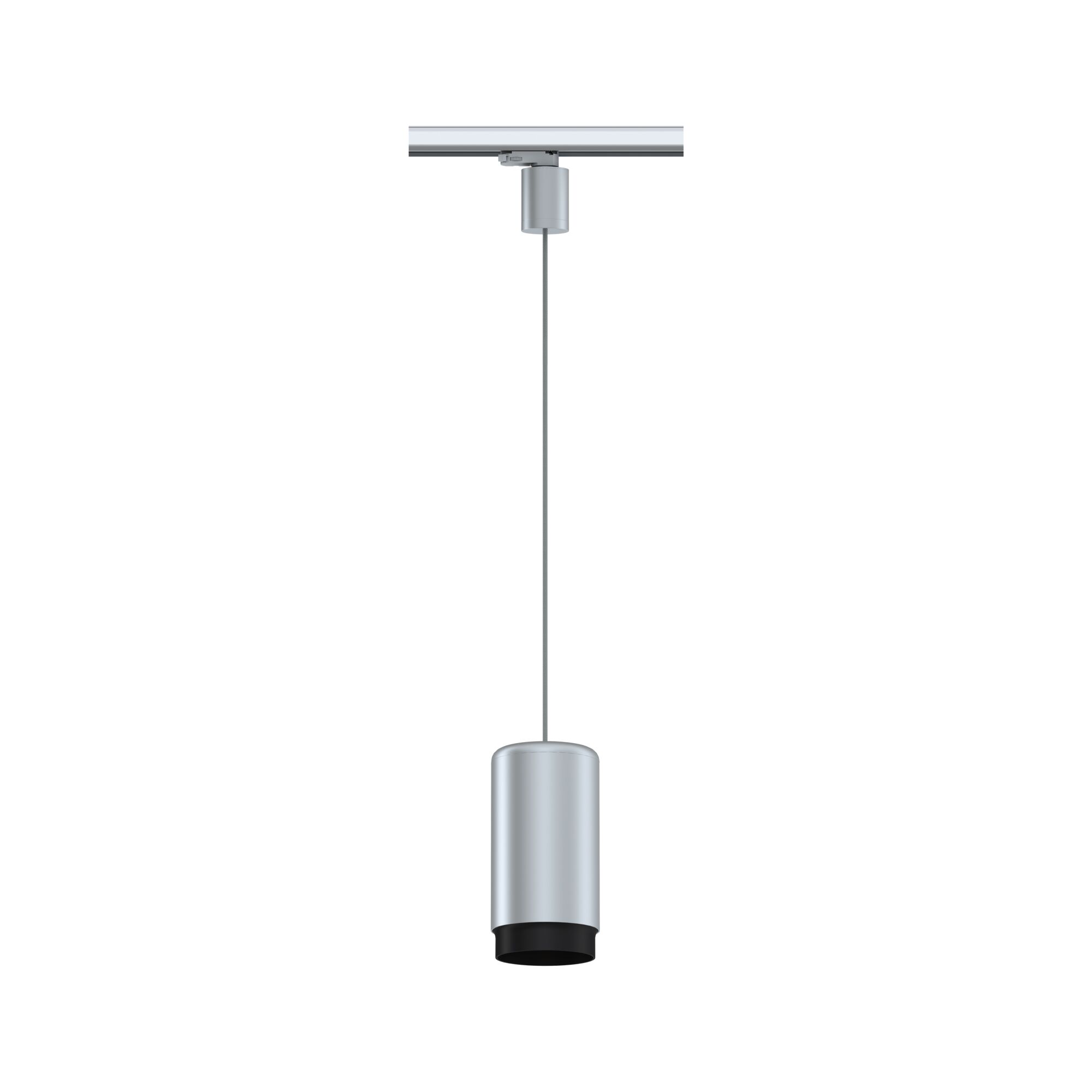 Moderner silberner LED-Spot aus Metall mit schwarzem Reflektor an Schienensystem für Innenbeleuchtung