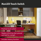 Modern office setup with grey wall cabinets and yellow wall lighting ideal for home office workspace