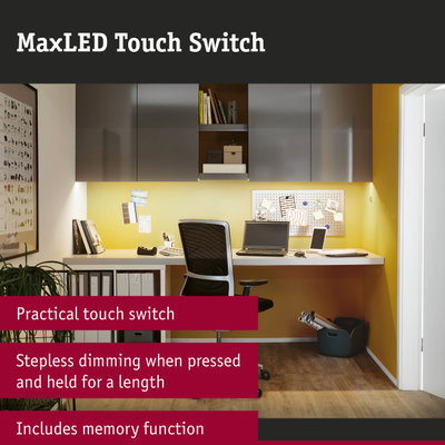Modern office setup with grey wall cabinets and yellow wall lighting ideal for home office workspace