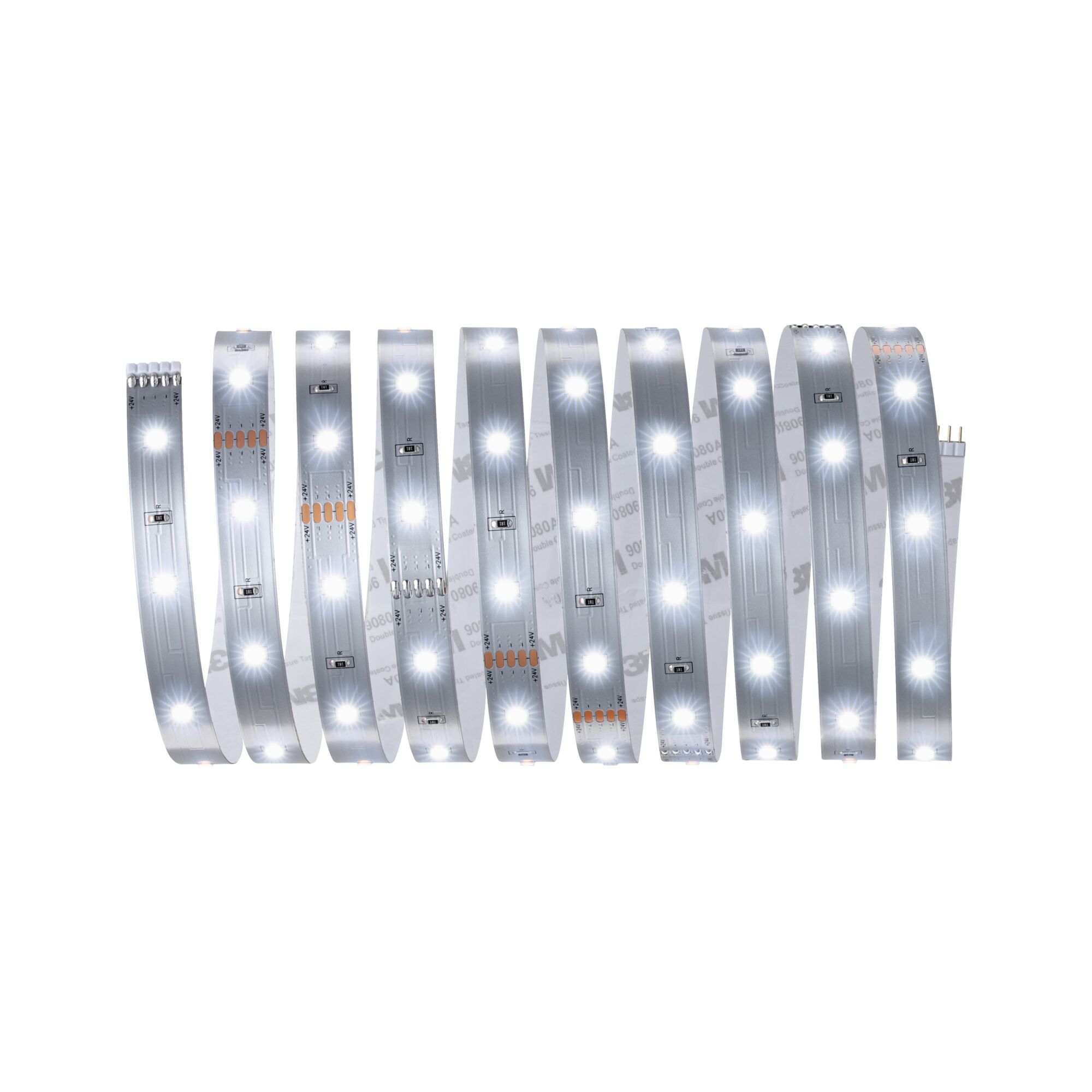 Flexibler LED-Streifen mit weißen Leuchtdioden auf silberner Platine für vielseitige Lichtakzente