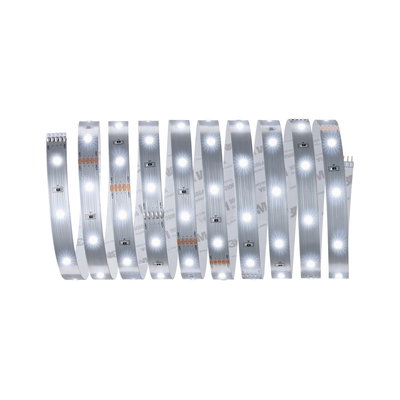 Flexibler LED-Streifen mit weißen Leuchtdioden auf silberner Platine für vielseitige Lichtakzente