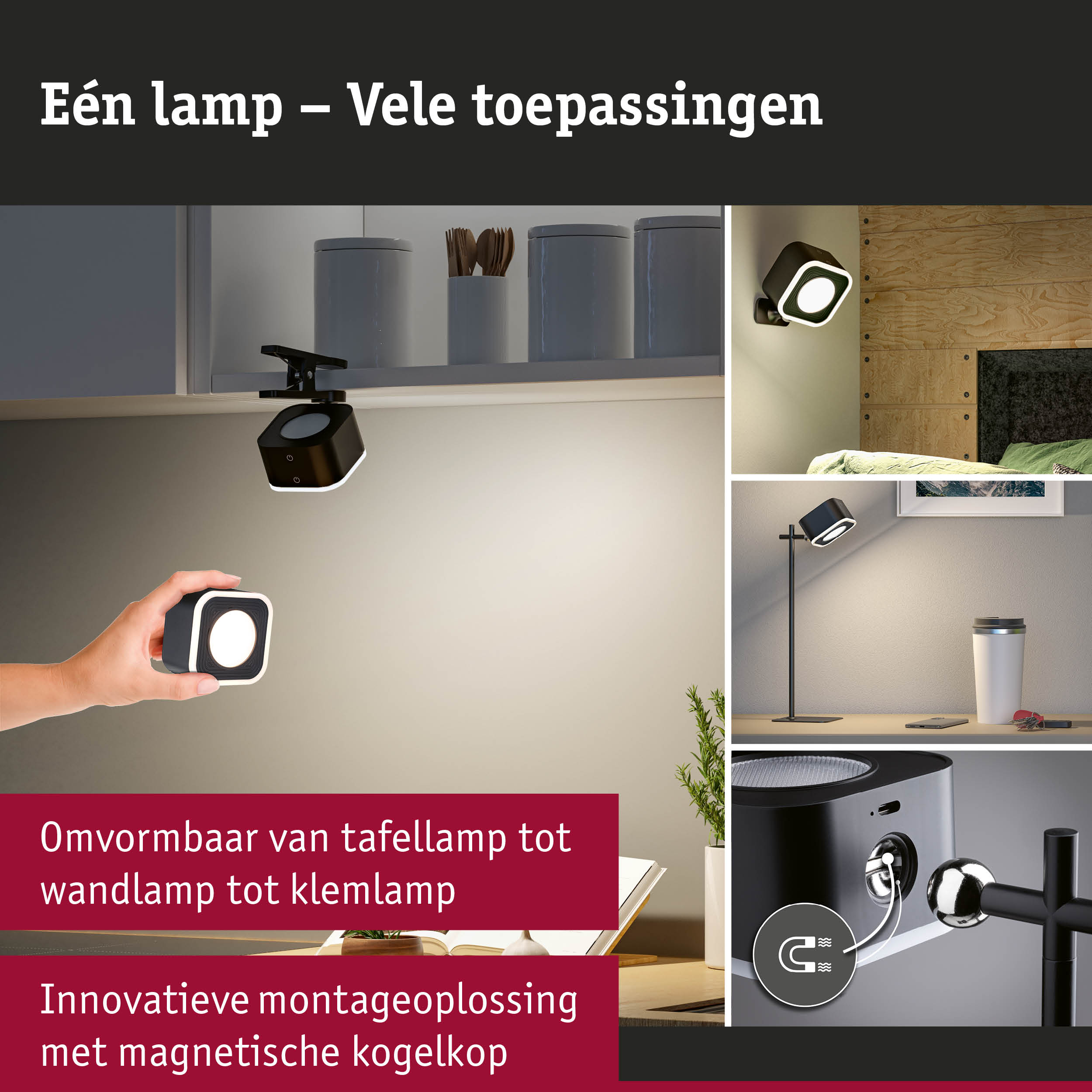 Zwarte multifunctionele LED-lamp met magnetische kogelkopbevestiging voor flexibele verlichting