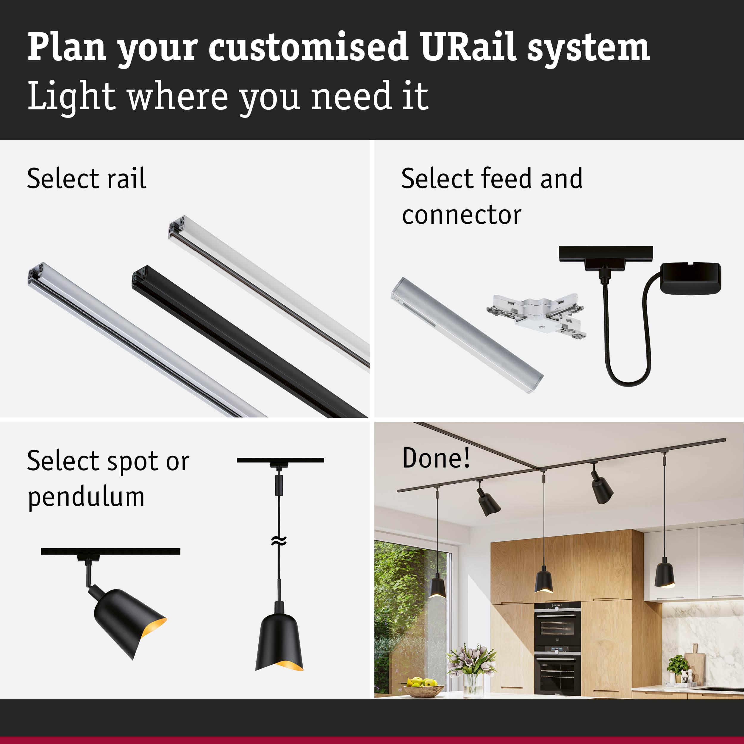 Guide to customize URail system with black and white rails and pendant or spot lights for modern interiors