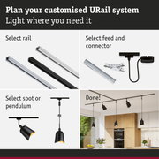 Modular URail track system with black and white rails, spotlights and pendants for flexible lighting solutions