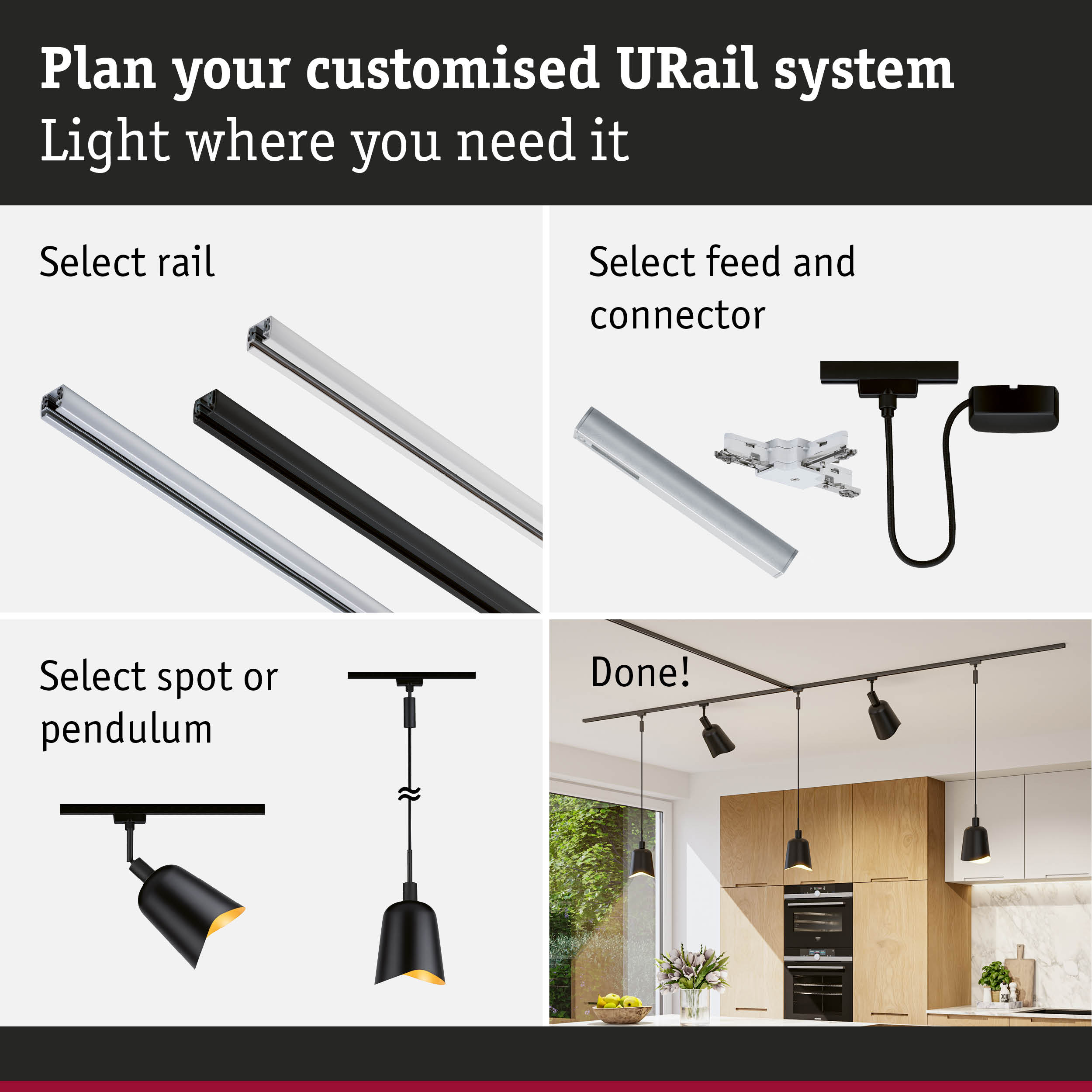 Modular URail track system with black and white rails, spotlights and pendants for flexible lighting solutions