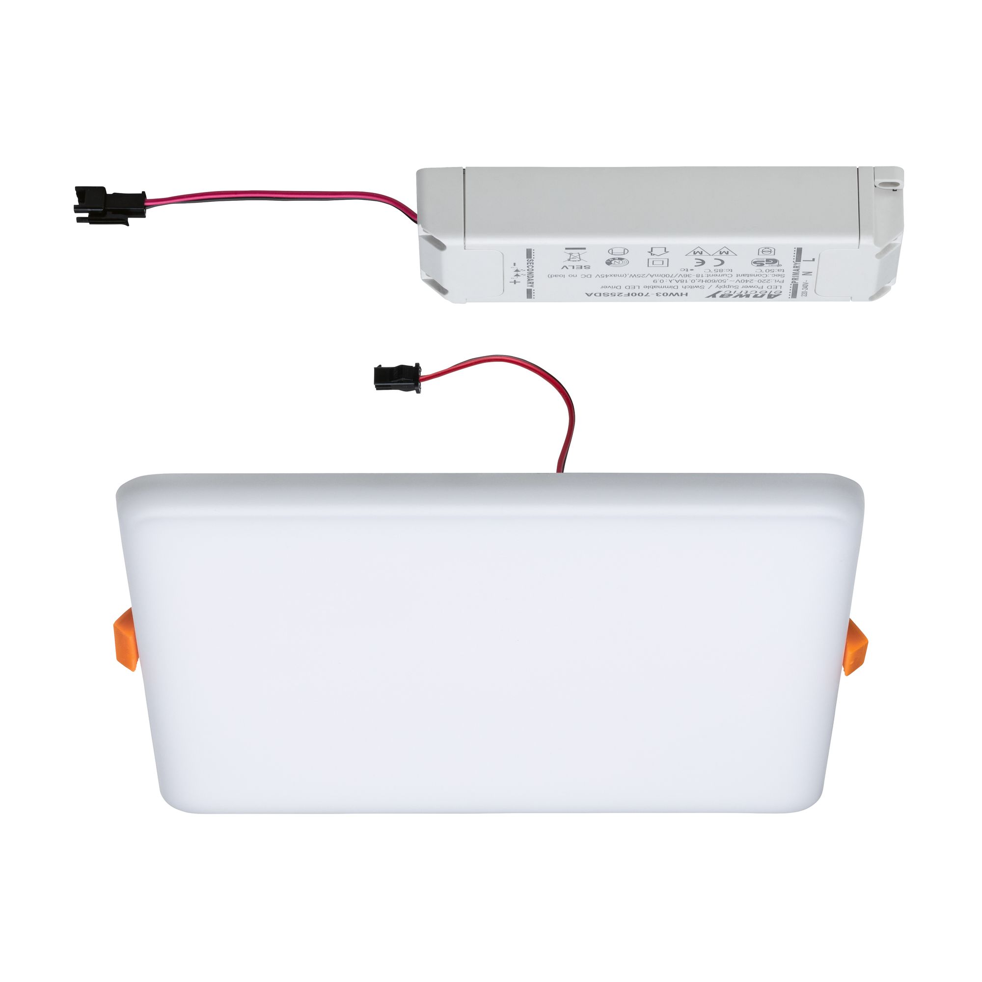 White LED driver housing with red wires and black connector for LED lighting installation