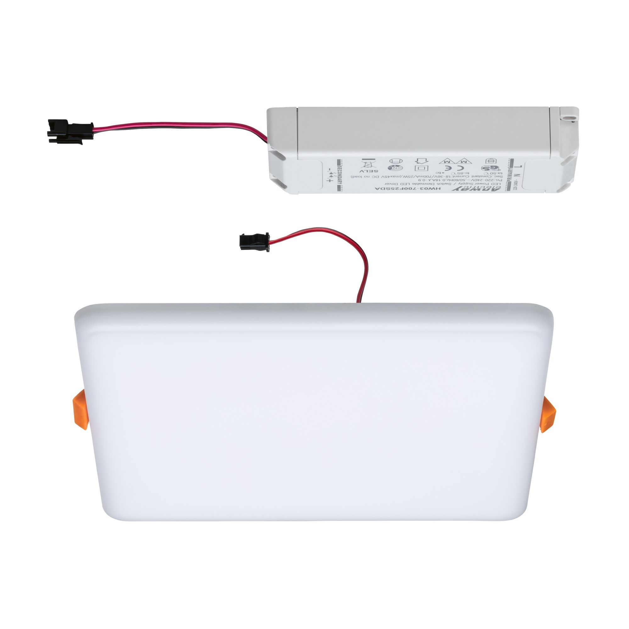 Weißes LED-Treibergehäuse mit roten Kabeln und schwarzem Stecker für LED-Beleuchtung