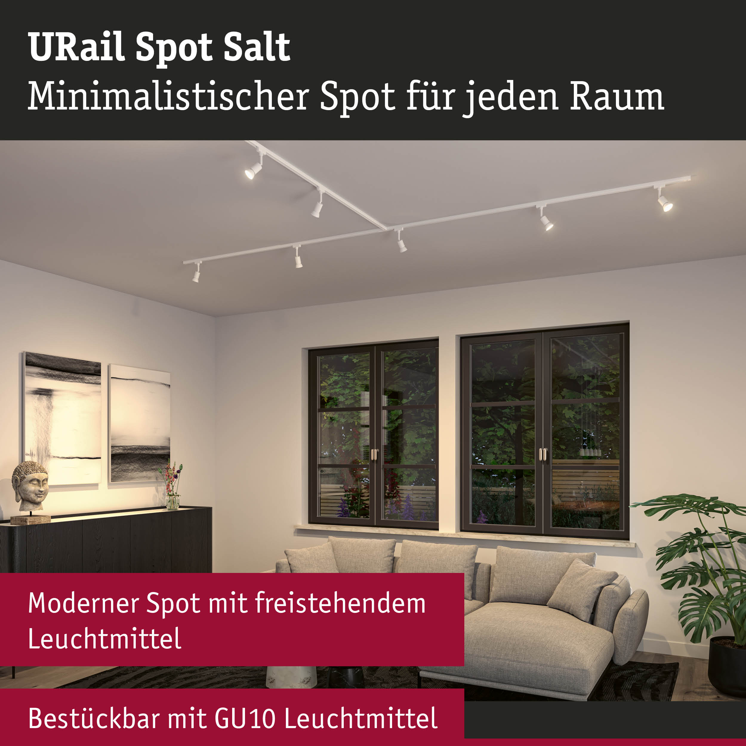 Weißer URail Spot Salt minimalistischer Deckenstrahler mit GU10 Leuchtmitteln im modernen Wohnzimmer