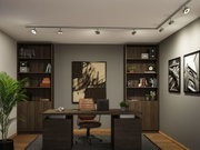 Modernes Büro mit braunem Holzschreibtisch, Lederstuhl und verstellbaren LED-Deckenstrahlern in Silber.