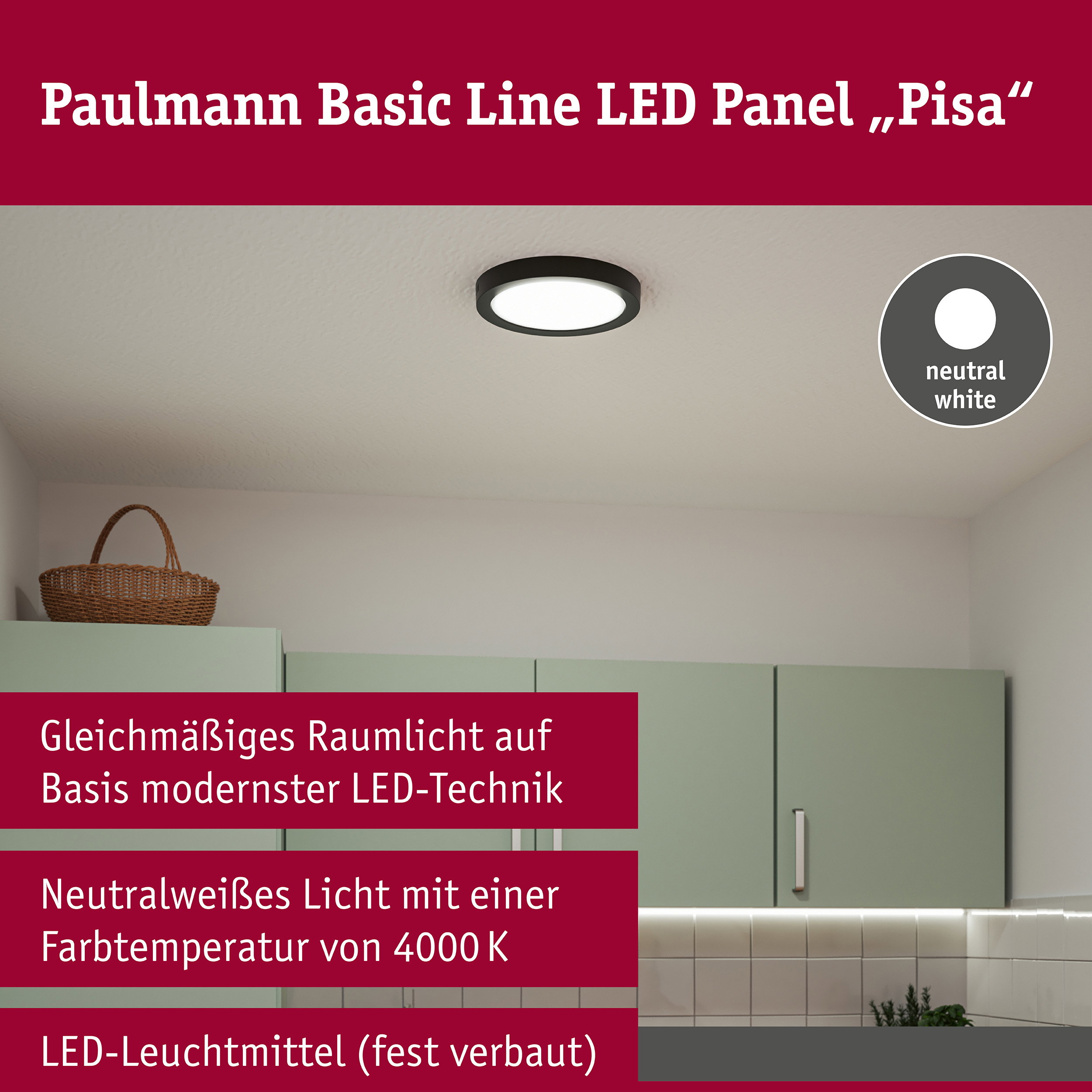 LED Panel Pisa 4000K 290mm 1800lm 17W Schwarz matt