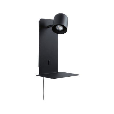 Applique murale noire en métal avec spot orientable et étagère pour un éclairage intérieur moderne