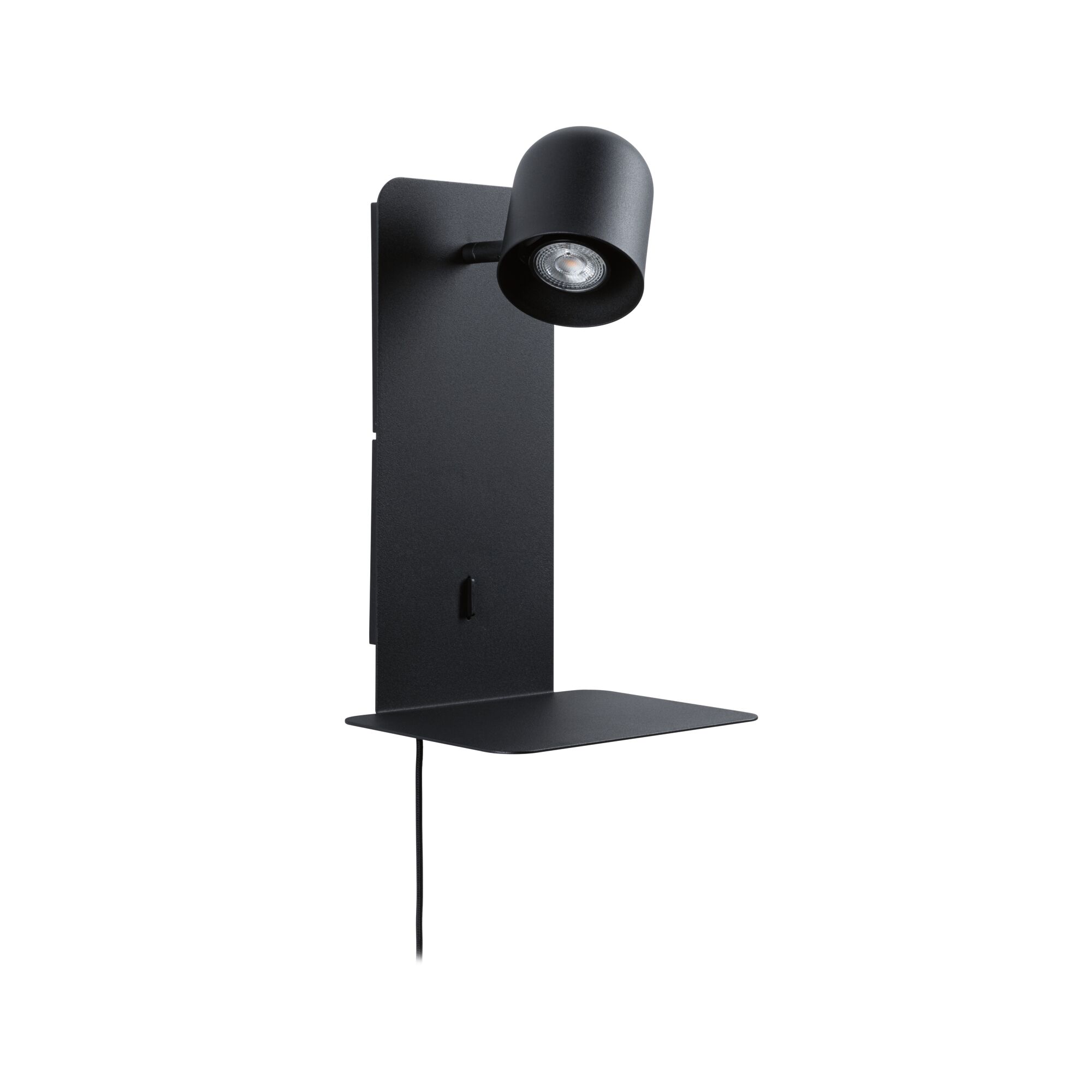 Black metal wall lamp with adjustable spotlight and shelf for modern interior lighting