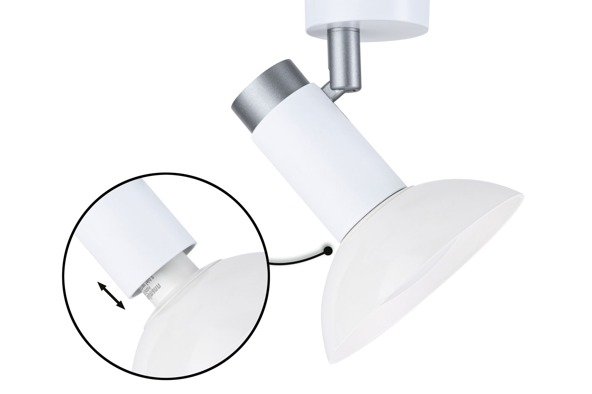Weißer LED-Strahler mit verstellbarem Schirm und silbernem Gelenk für flexible Beleuchtung