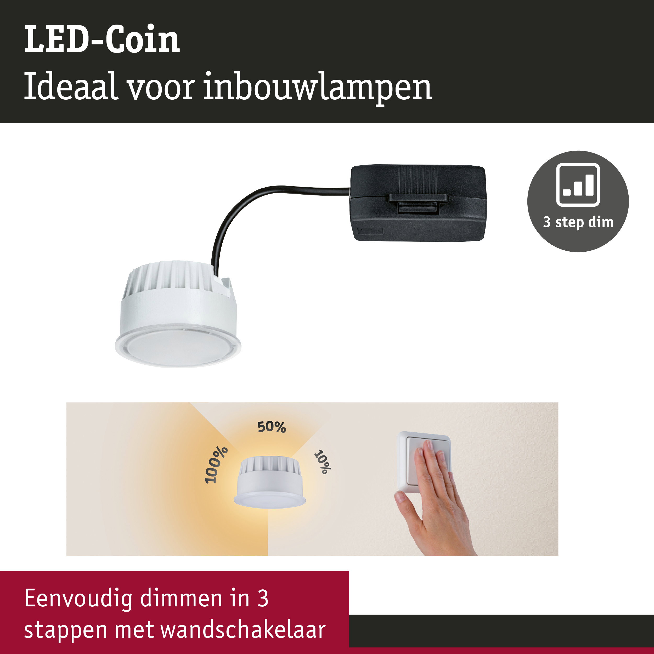 Witte LED-inbouwspot met zwarte kabel en 3-staps dimmer voor instelbare verlichting