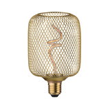Gold LED bulb with decorative wire mesh and spiral filament for stylish lighting and home decor