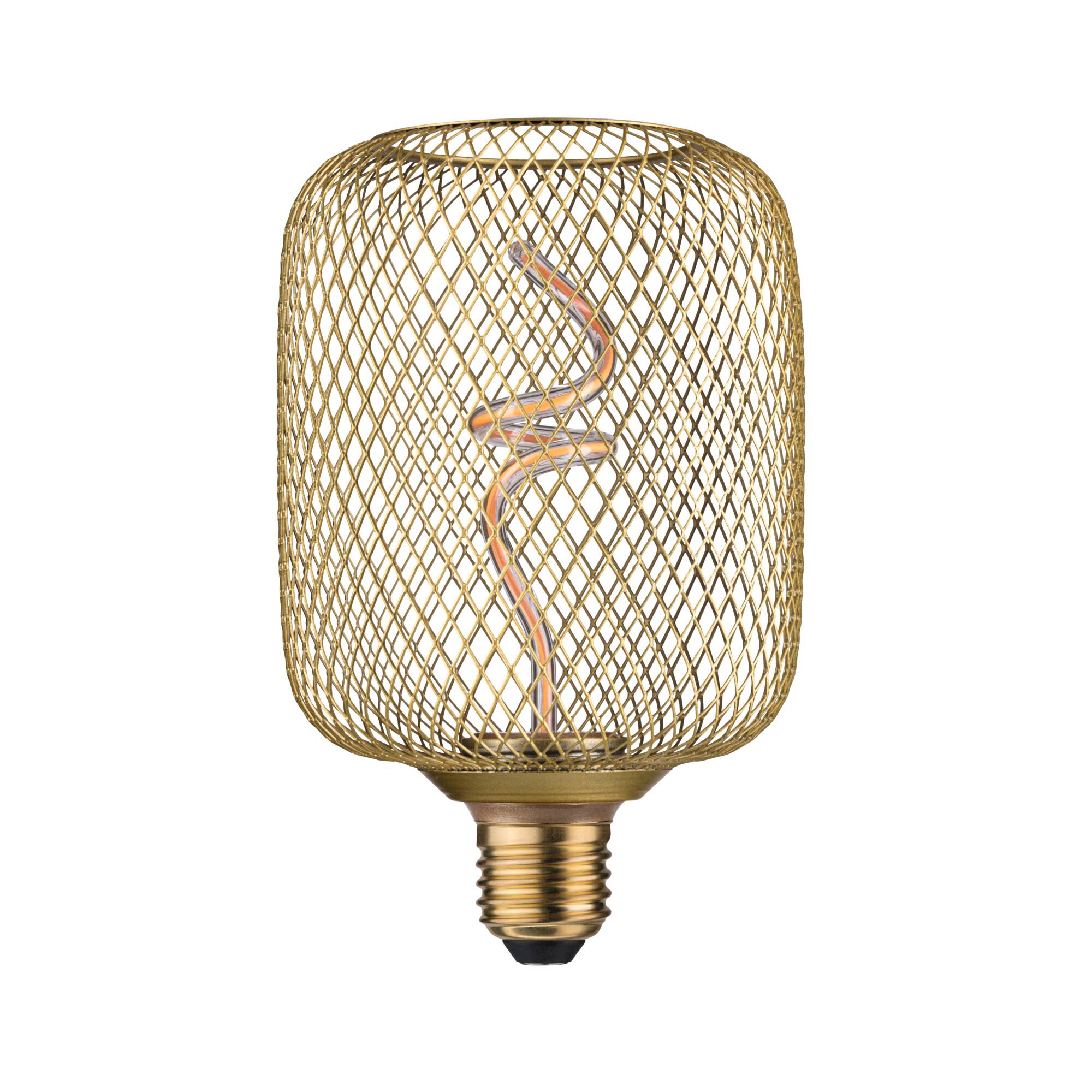 Gold LED bulb with decorative wire mesh and spiral filament for stylish lighting and home decor