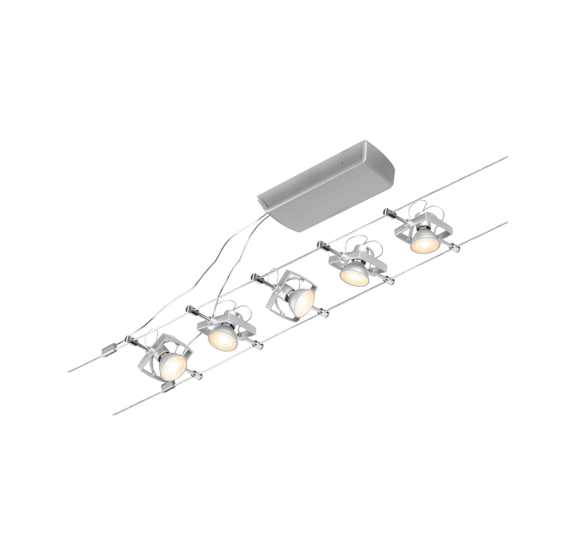 Spot LED sur câble moderne argenté avec têtes réglables pour un éclairage intérieur polyvalent
