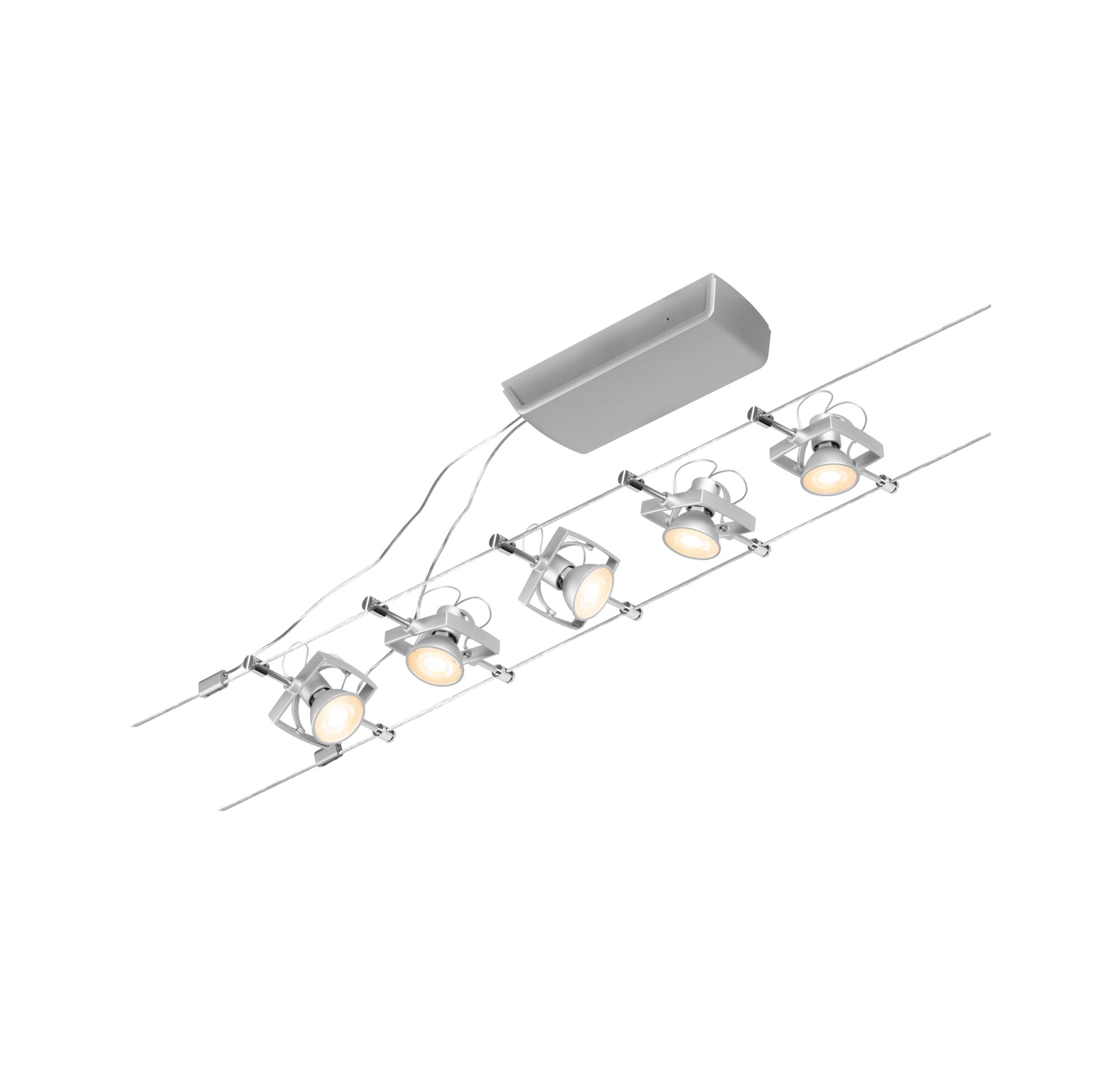 Modernes Seilsystem mit vier weißen LED-Strahlern aus Metall für flexible Raumbeleuchtung