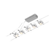 Modernes Seilsystem mit vier weißen LED-Strahlern aus Metall für flexible Raumbeleuchtung