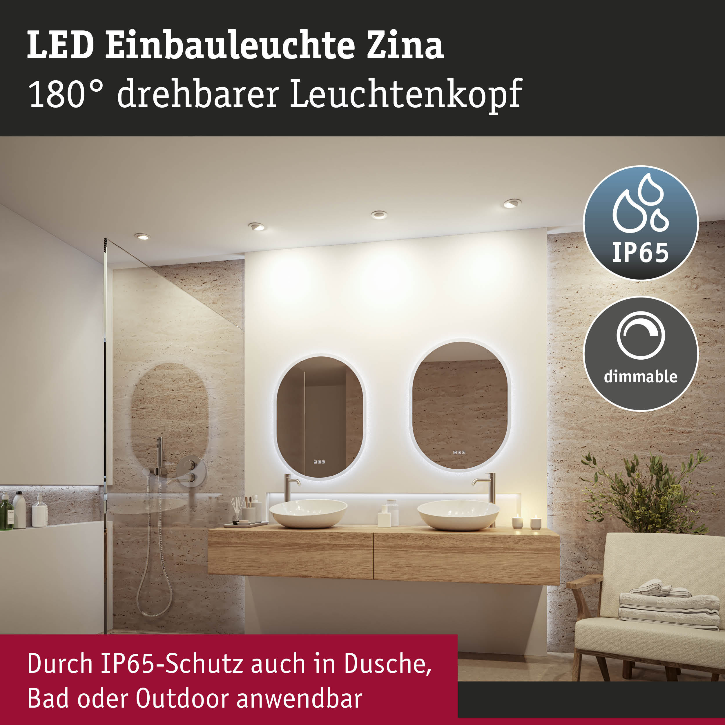 LED Einbauleuchte Zina in Weiß mit 180° drehbarem Leuchtenkopf, IP65 Schutz für Bad und Dusche