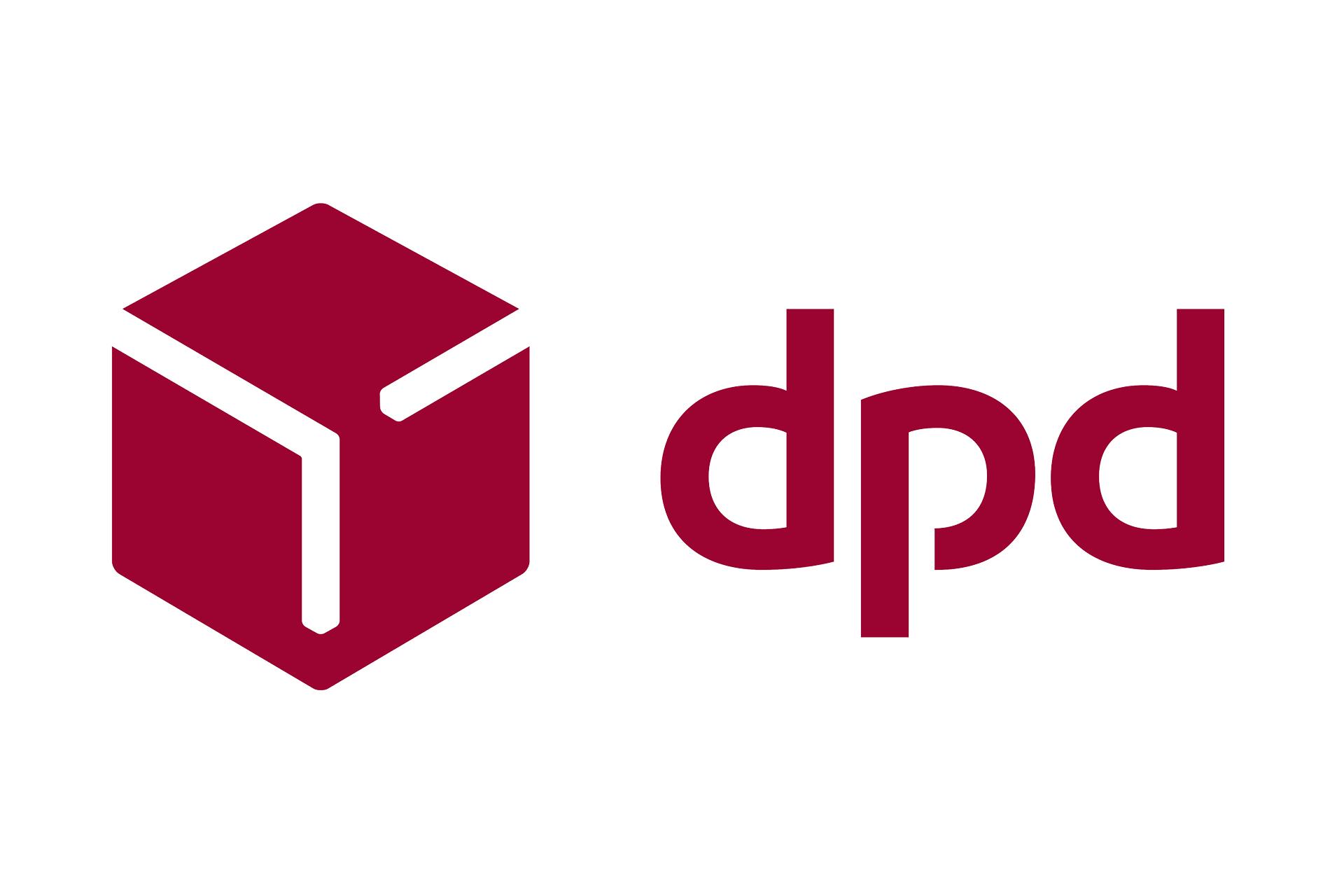 Icône de colis rouge à côté du texte dpd sur fond blanc pour livraison et expédition.