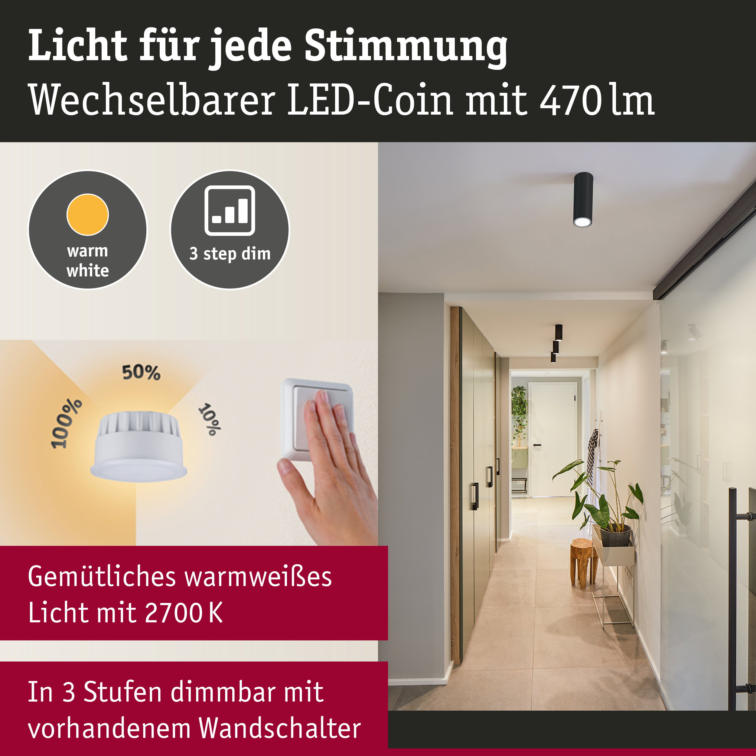 Schwarze LED-Deckenleuchte mit warmweißem Licht 2700K und 3-stufiger Dimmung per Wandschalter