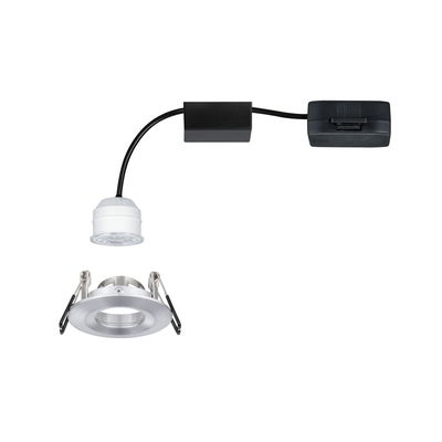 Rundes Einbau-LED-Spotgehäuse aus gebürstetem Aluminium mit weißem LED-Modul und schwarzem Kabel.