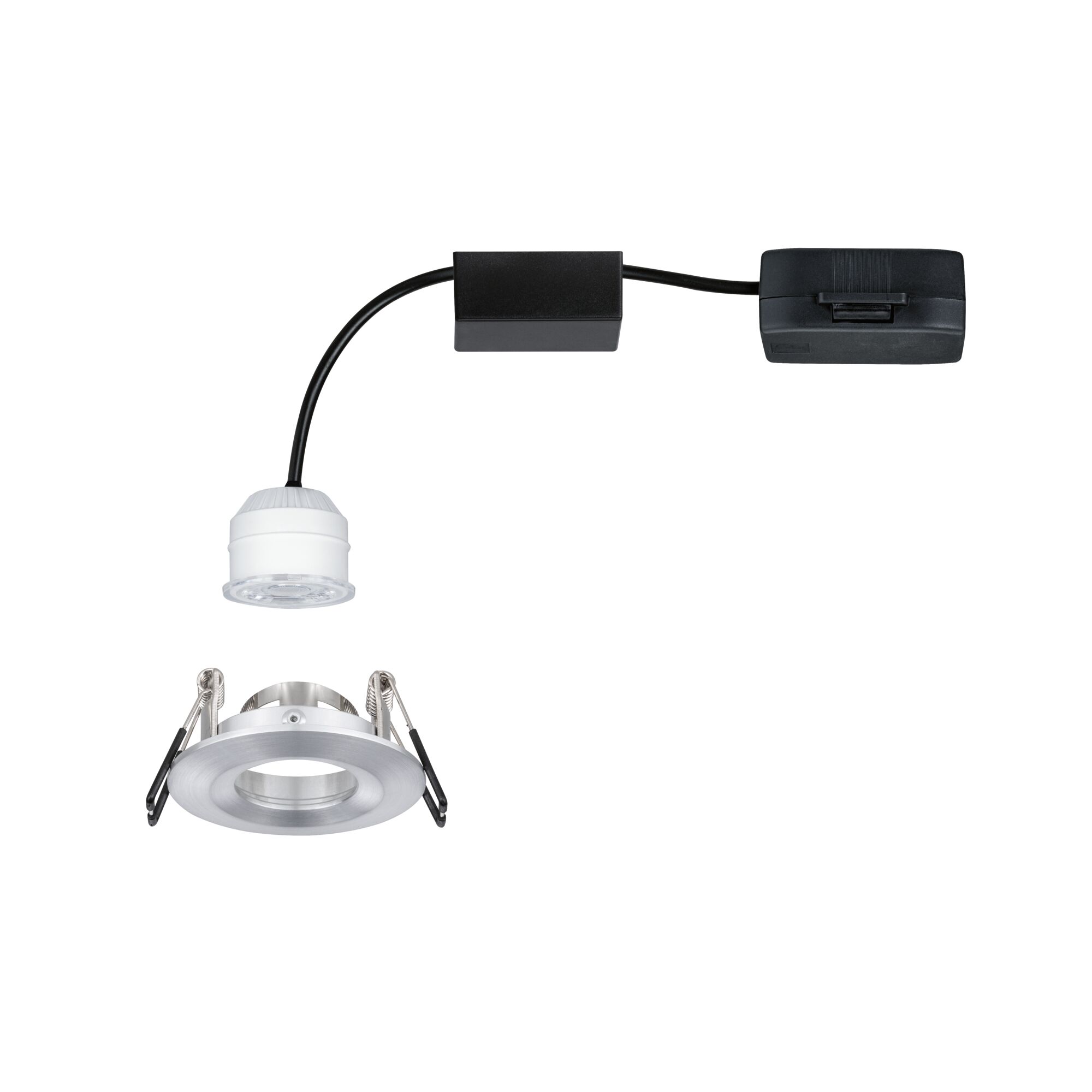 Ronde inbouw LED-spotbehuizing van geborsteld aluminium met wit LED-module en zwarte kabel.