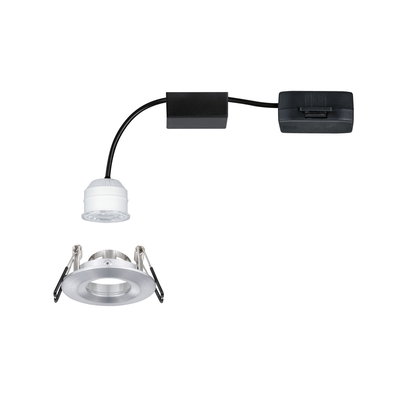 Rundes Einbau-LED-Spotgehäuse aus gebürstetem Aluminium mit weißem LED-Modul und schwarzem Kabel.